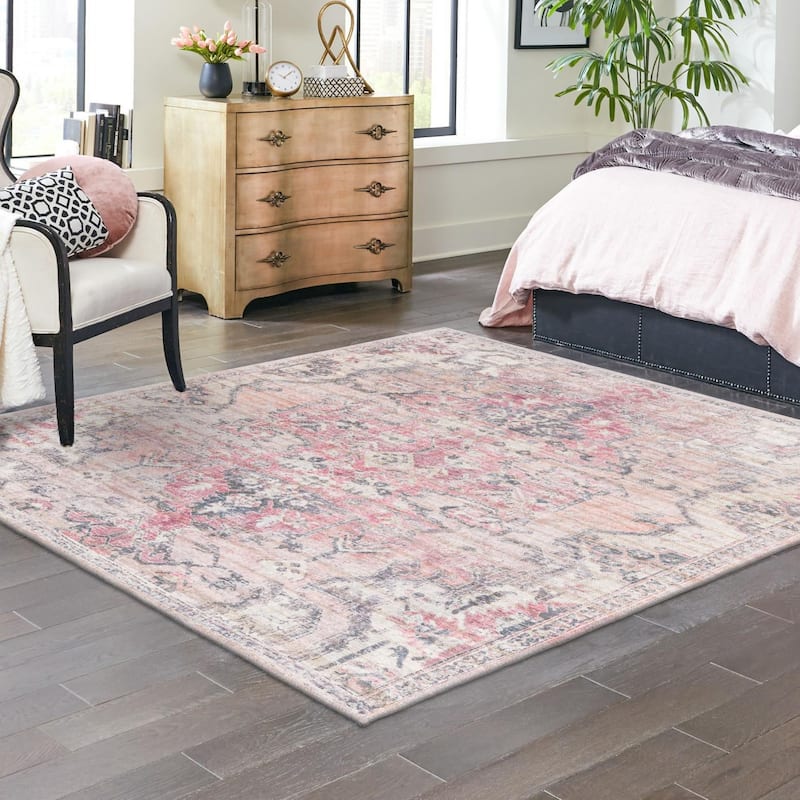 Transitional Pria Collection Area Rug - 5'11" Square - Beige-Pink