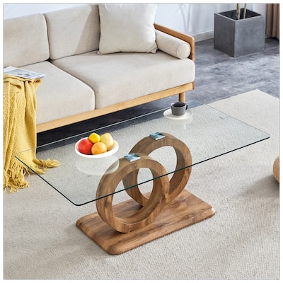 Modern Style Glass Top MDF Coffee Table with Natural Wood Color Base