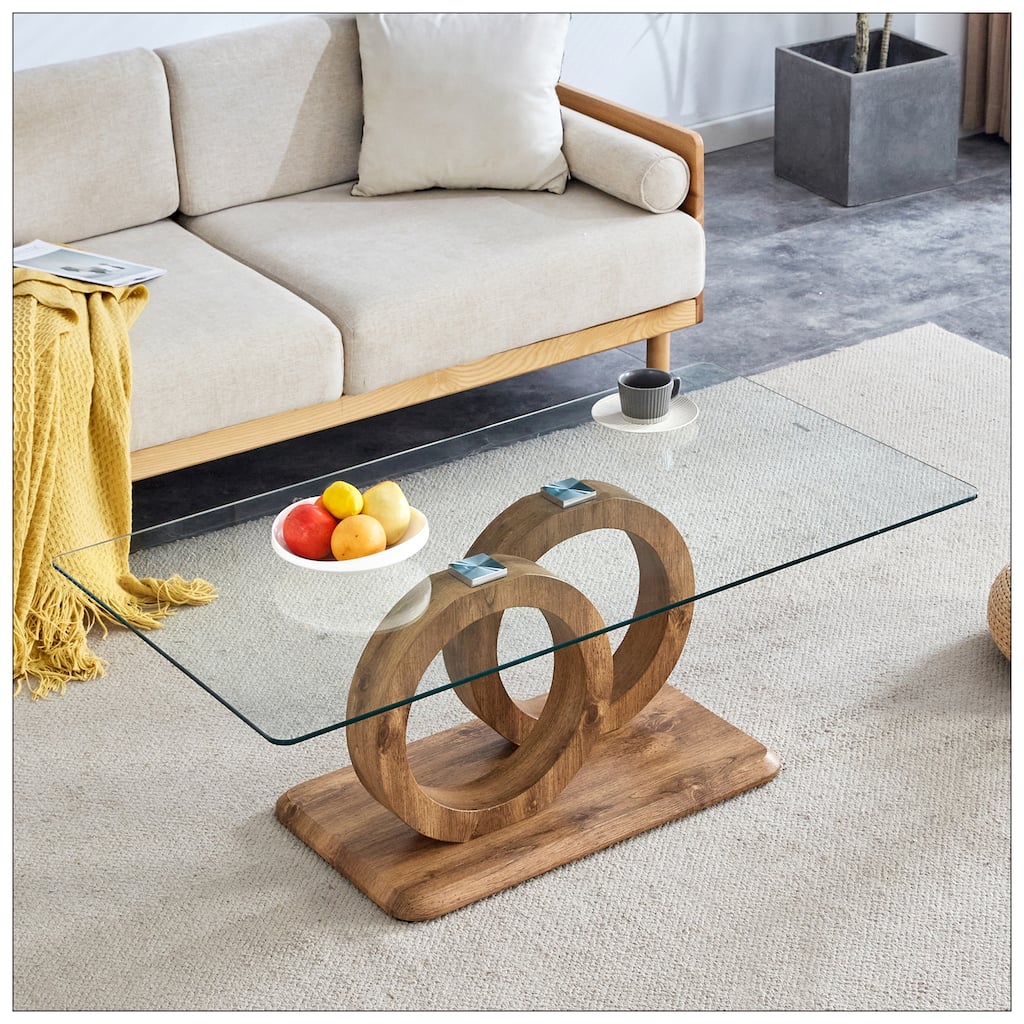 Modern Style Glass Top MDF Coffee Table with Natural Wood Color Base
