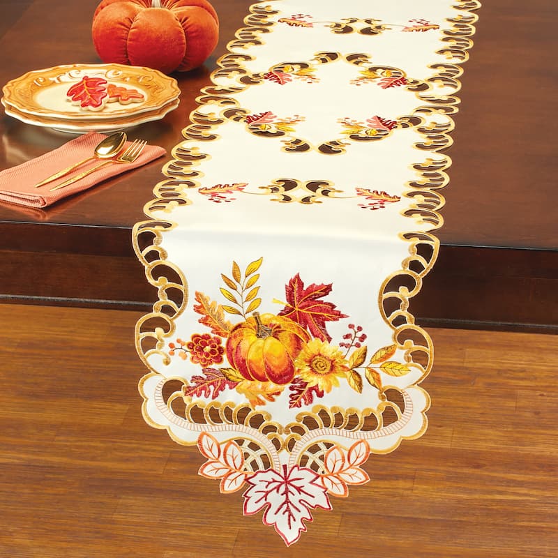 Embroidered Autumn Pumpkin Intricate Cutwork Table Linens - Runner