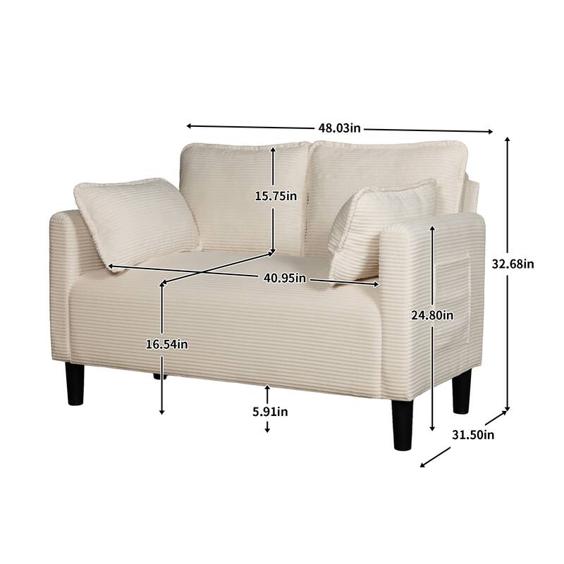 Beige 2-Seater Sofa with Side Pocket, Minimalist Living Room Loveseat Two-Seat Sofa Couch with Wood Frame