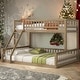 preview thumbnail 1 of 26, Twin XL over Queen Bunk Bed with Ladder and Guardrails,Two Separate Platform Beds Walnut