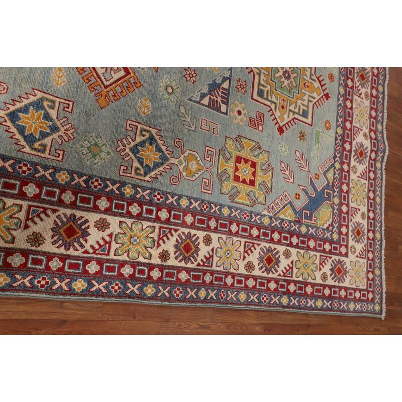 Hand Knotted Oriental 100% Wool Carpet Traditional Geometric Navy Blue & Blues Kazak Area Rug - 9' 8'' X 6' 6''
