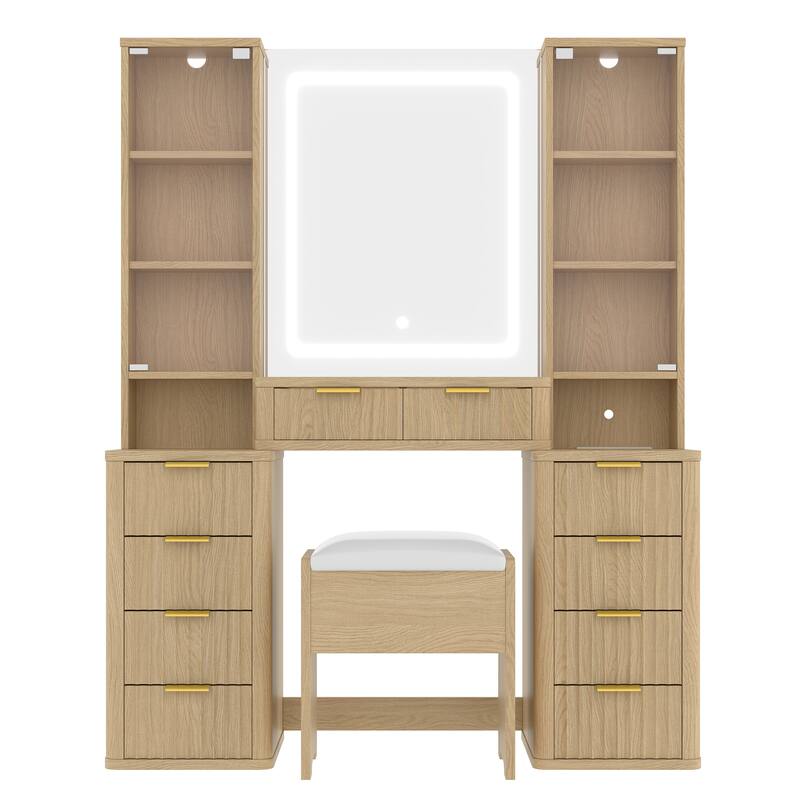 Roomfitters 43.5" Makeup Vanity with LED Lighted Mirror, Fluted Ribbed Drawers, Charging Station, 9 Drawers and Stool, Oak