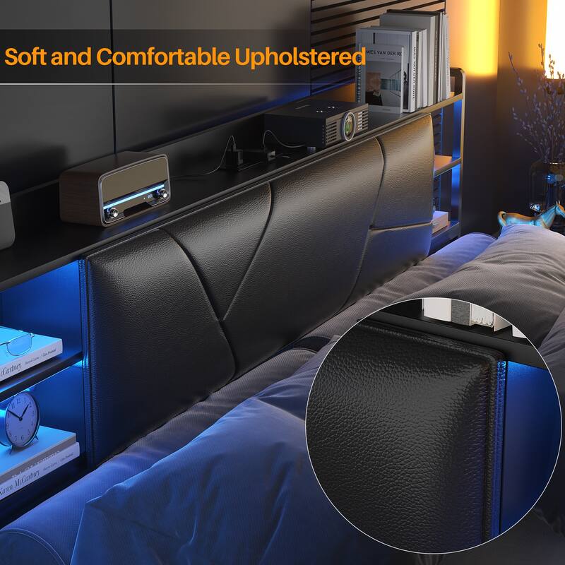 Bed Frame with Upholstered Storage Headboard,Matel Platform Bed with Charging Station and RGB LED Lights,Easy Assembly
