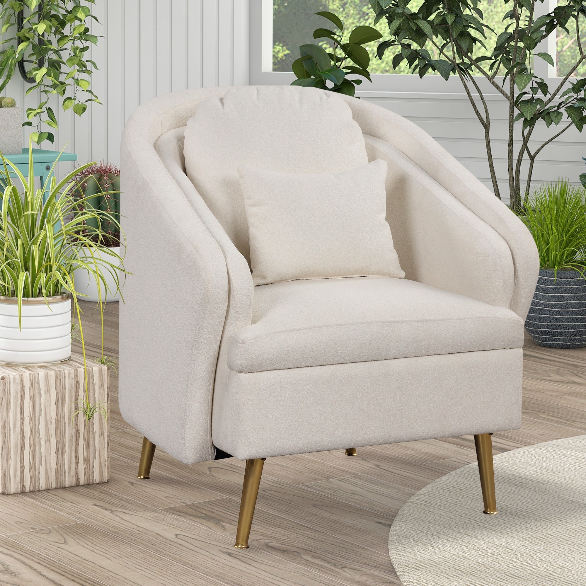 Living Room Accent Chair Velvet Armchair with Lumbar Pillow White