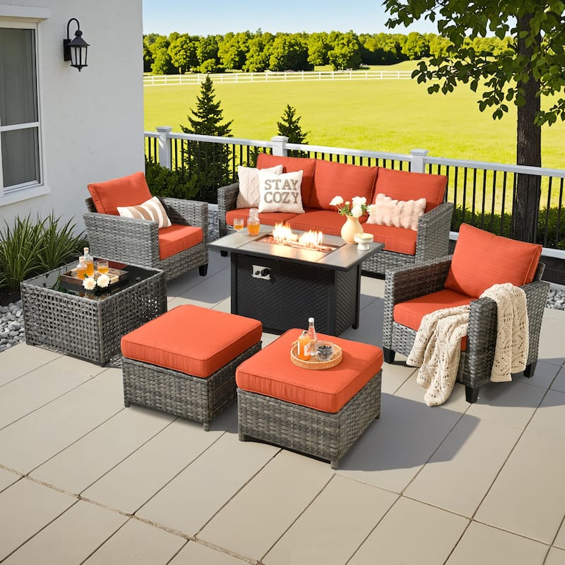 XIZZI 7-Piece Outdoor Patio Wicker Furniture Set with Fire Table - Red/Orange