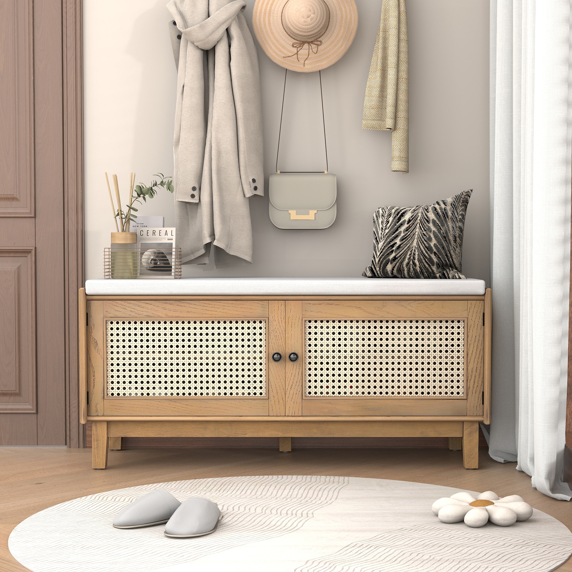 Rattan Entryway Bench with Storage, Cushioned Shoe Bench with Double Doors, Wooden Shoe Organizer Bench for Entryway