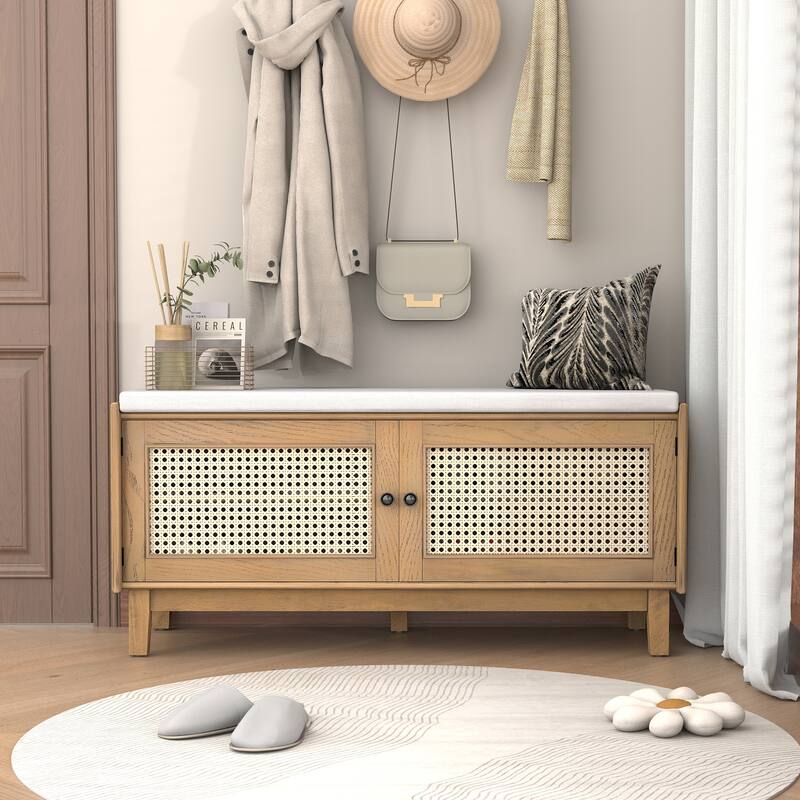 Roomfitters Entryway Storage Bench, Boho Rattan Cabinet, Hallway Organizer Seat with Cushion - Beige+Brown