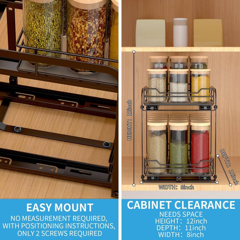 2-Tier Spice Rack, Pull Out Cabinet Organizer Spice Racks Height Adjustable Heavy Duty Metal Basket (7.5''Wx10.5''Dx9.5''H)