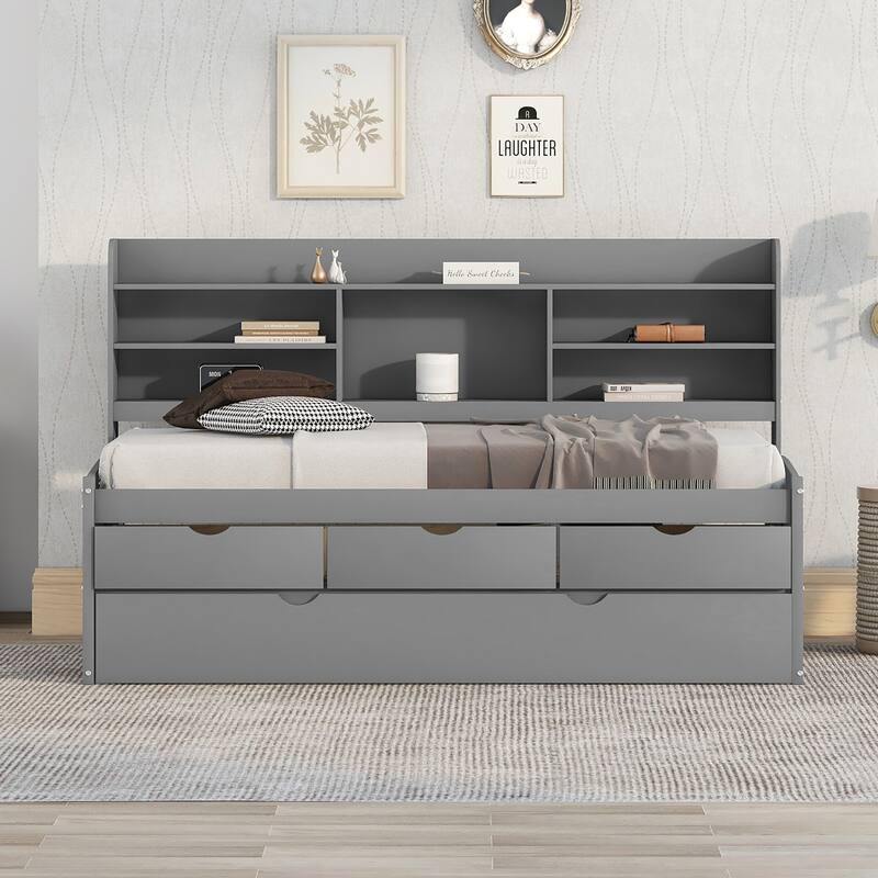 Wooden Captain Bed Platform Bed Frame with Rectangular Storage Headboard Built-in Bookshelves, 3 Storage Drawers and Trundle