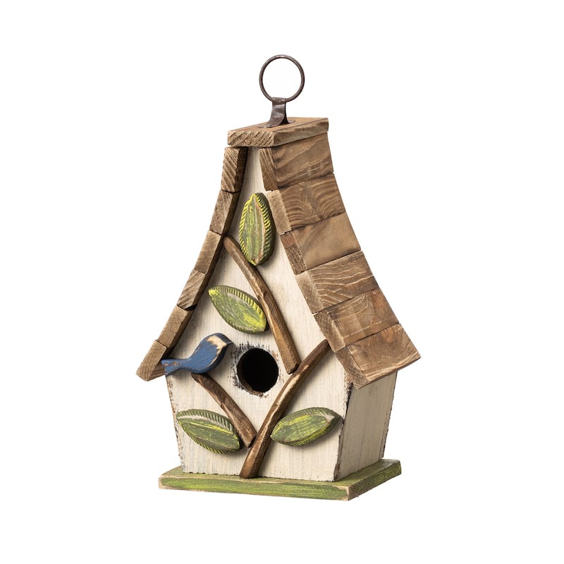 Glitzhome 12.5"H Distressed Solid Wood Birdhouse with 3D Leaves - Off-White