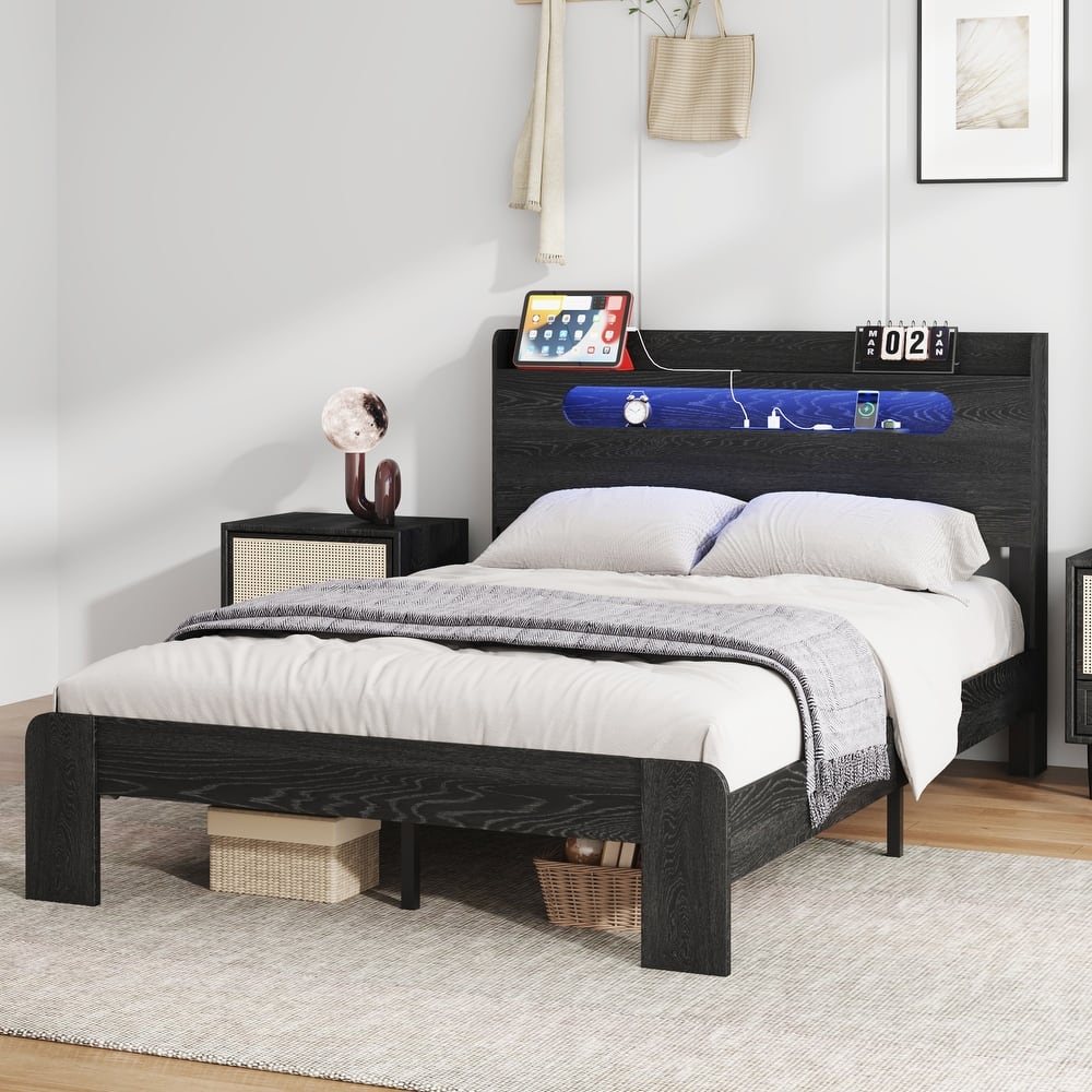 Wood Bed, Low Profile Platform Bed Frame with Storage Headboard Built-in LED Light and Charging Station