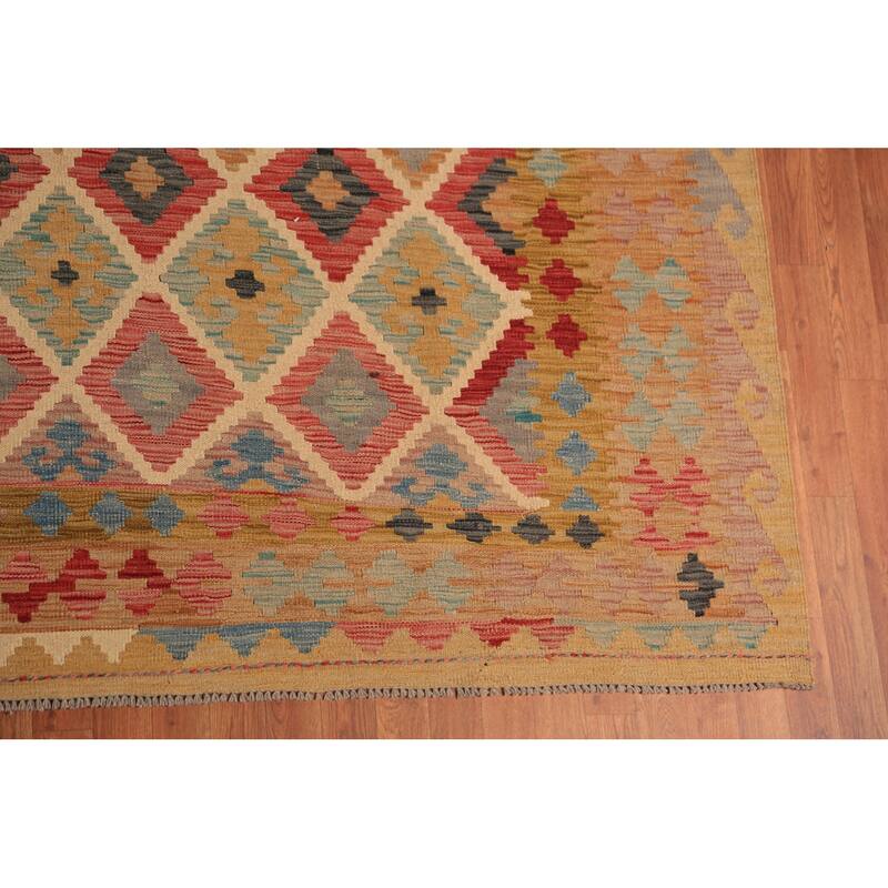 Geometric Reversible Kilim Oriental Large Rug Hand-Woven Wool Carpet - 10'3"x 16'2"