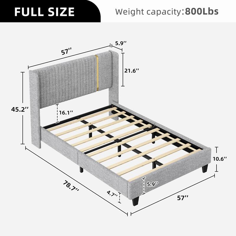 Moasis Upholstered Platform Bed Frame with Wood Slats Linen Headboard - Grey - Full