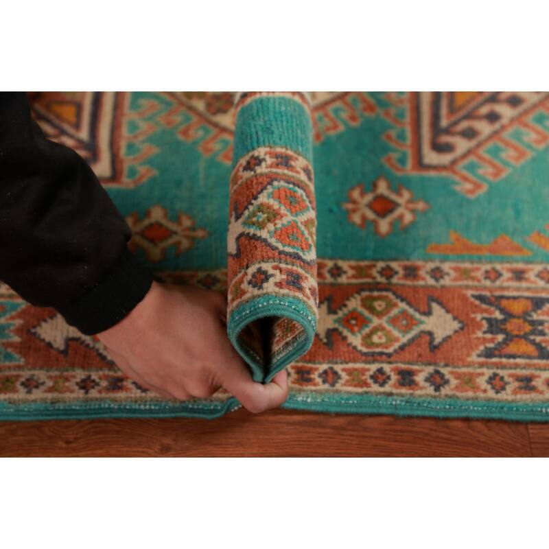 Turquoise Green Kazak Foyer Rug Hand-Knotted Wool Carpet - 2'9"x 4'2"