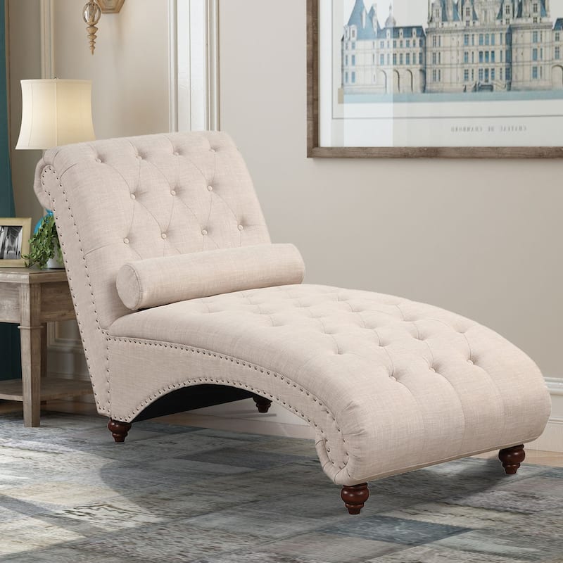 Modern Armless Velvet Chaise Lounge Indoor Chair with 1 Bolster Pillow - Beige