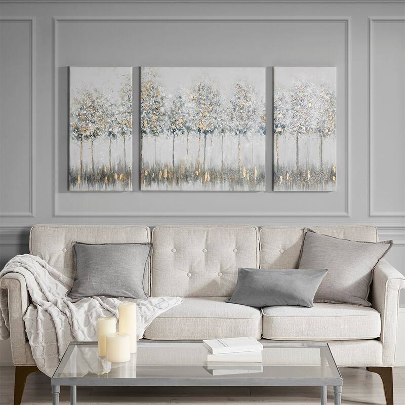 GDF Studio - Blue Midst Forest Gold Foil Triptych 3-Piece Canvas Wall Art Set - Multi-Sizes