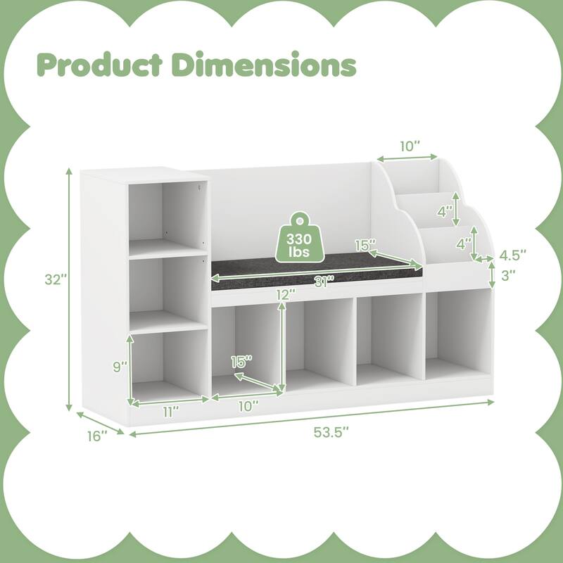 White-Grey 3-Level Kids Toy Organizer Bookshelf with Removable Cushion for Playrooms - 53.5" x 16" x 32"