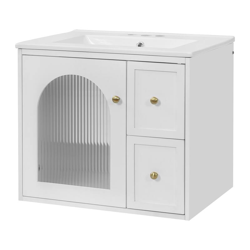 Wall Mounted Bathroom Vanity Set with Ceramic Sink, Floating Bathroom Cabinet with Glass Door - 24 Inch