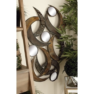 Beige Metal Abstract Home Wall Decor with Round Mirror Accents