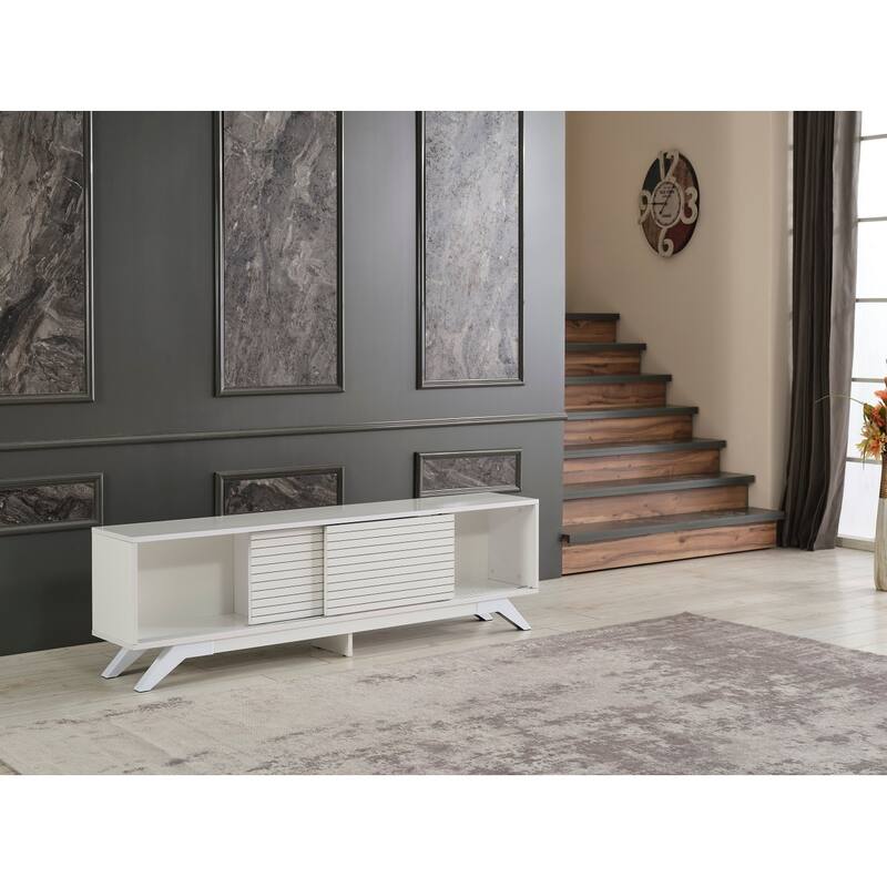 FurnisHome Store Luxia Mid Century Modern Tv Stand 2 Sliding Door Cabinet 2 Shelves 67 inch Tv Uni, White