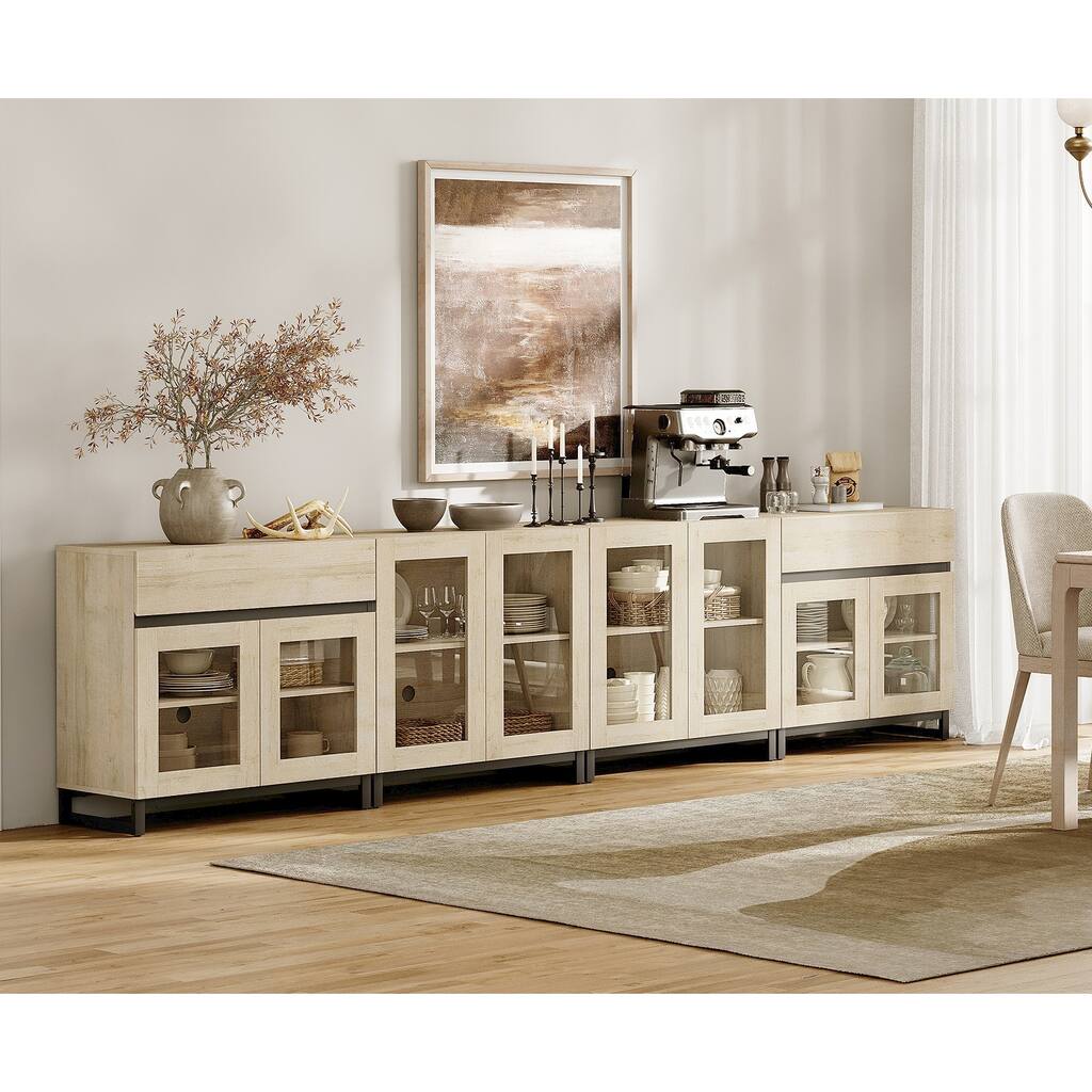 4 in 1 Sideboard with 2 Glass Doors & Drawers, Adjustable Shelf, Metal Base for Living Room, Kitchen