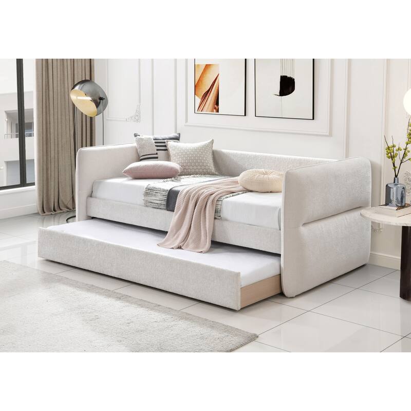 Luxurious 1pc Modern Daybed Pull Out Trundle Button Tufted Nailhead Trim Bedroom Living Room Furniture Oatmeal Finish
