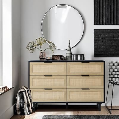 Black and Brown Manufactured Wood 6-Drawer Rattan Dresser