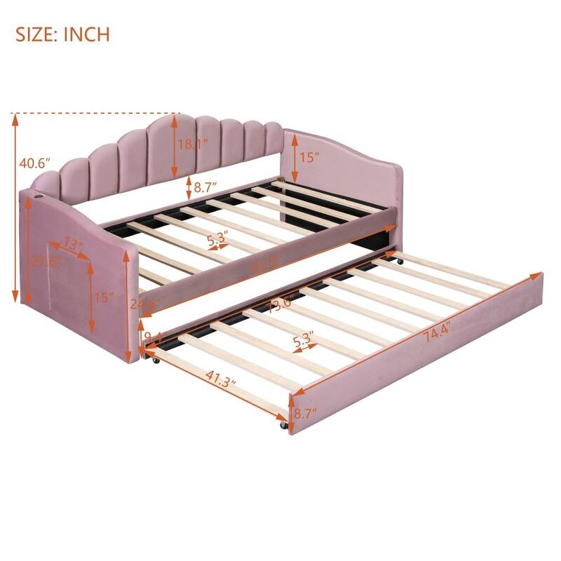 Twin size Upholstered Daybed with Trundle ,Velvet Sofabed with USB Charging Ports