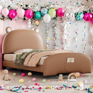 Twin Size Upholstered Platform Bed with Bear-shaped Headboard and Footboard, White+Brown