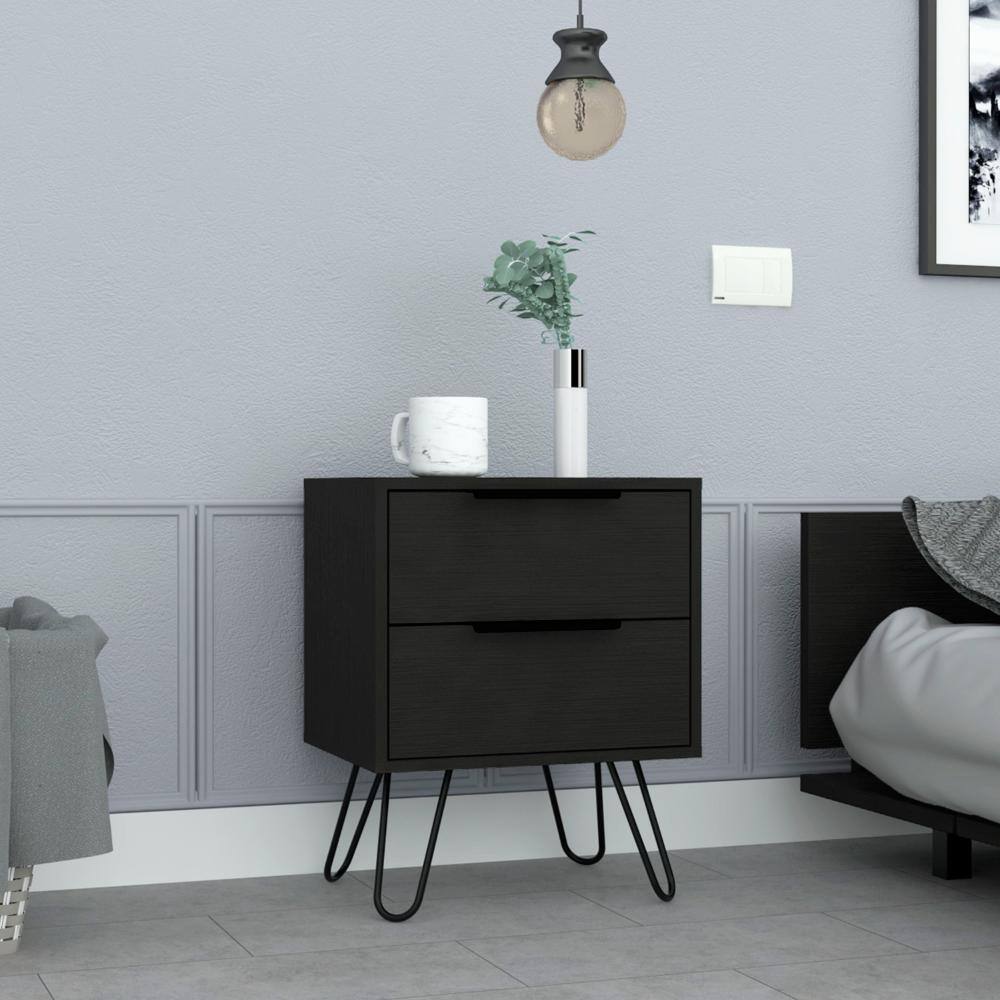Modern Black Nightstand with Hairpin Legs and Two Drawers