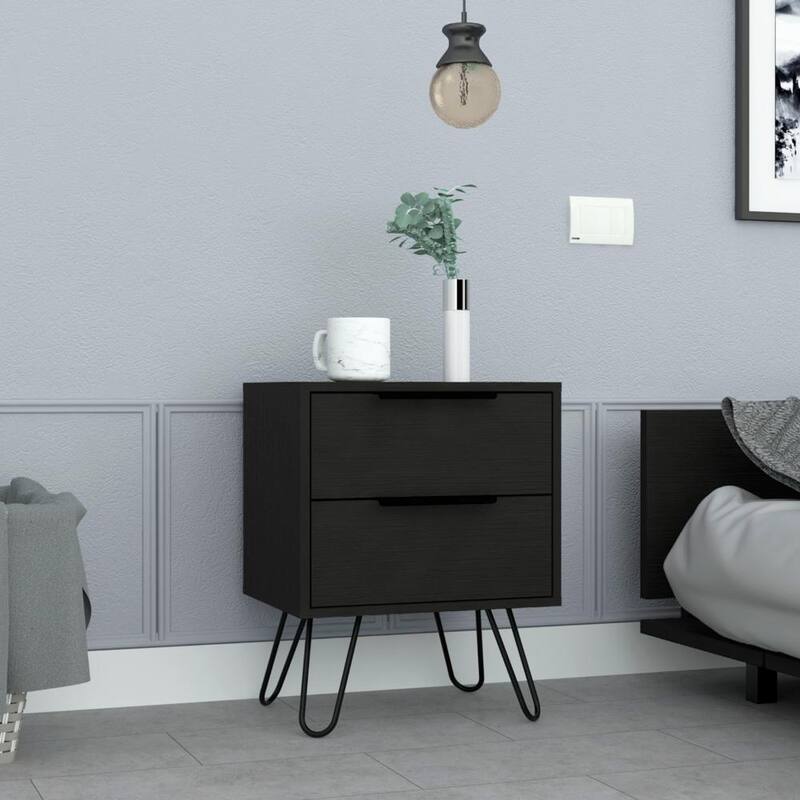 Modern Black Nightstand with Hairpin Legs and Two Drawers - Black