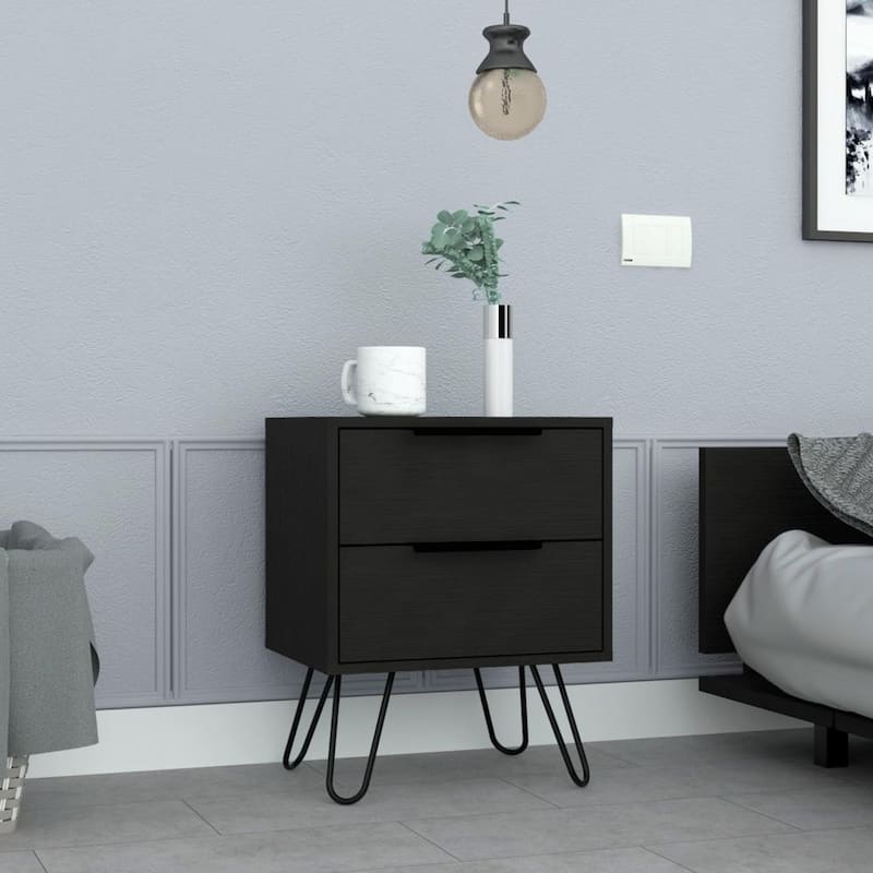 Nightstand 22" H, Four hairpin legs, Two Drawers,Modern Simple Style - Black