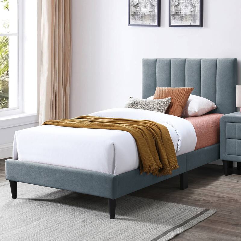 Brushed Linen Fabric Adjustable Headboard Twin Bed with Channel Tufting Design