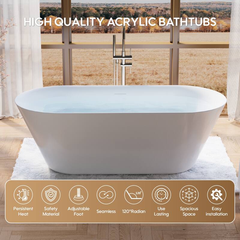 Glossy White Freestanding Soaking Bathtub, 100% Pure Virgin Acrylic with Drain And Overflow