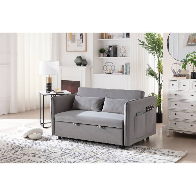 3 in 1 Convertible Sleeper Futon Sofa Bed, 55" Loveseat Lounge Couches with 2 Pillows, USB Ports & Side Pockets