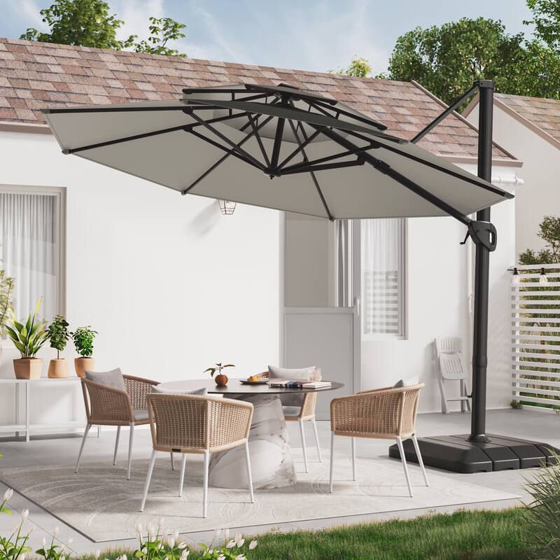 LIVOOSUN 11Ft Double Top Patio Hanging Octagon Cantilever Umbrella with 360-degree Rotating Canopy, Red - Natural