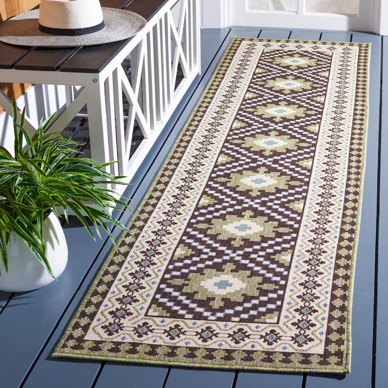 SAFAVIEH Veranda Eyvor Indoor/ Outdoor Waterproof Patio Backyard Rug - 2'3" x 8' Runner - Chocolate/Green