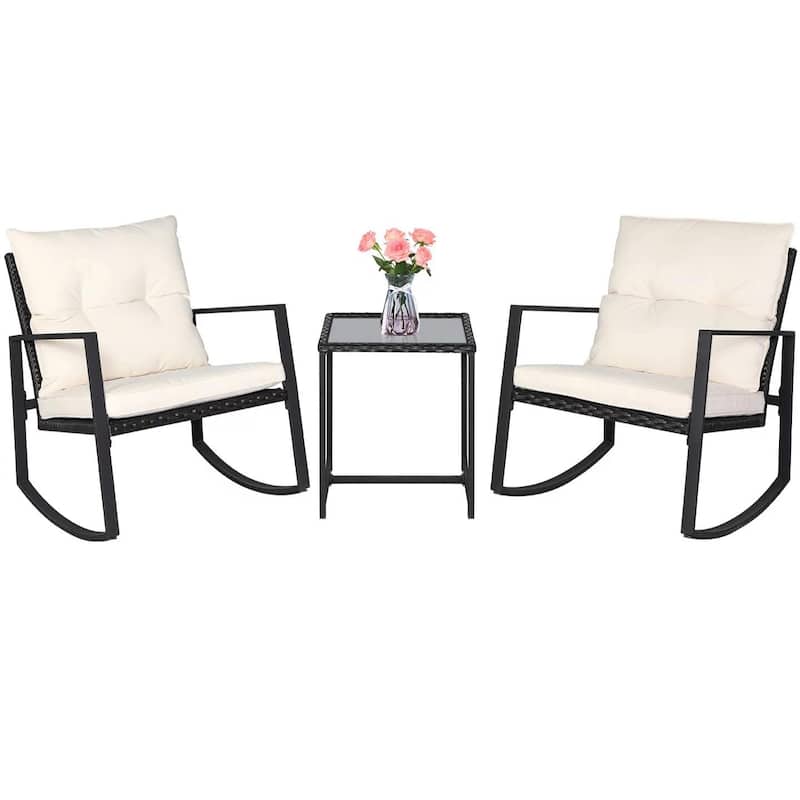 Pheap Outdoor Patio 3-piece Black/Brown Wicker Rocking Bistro Set by Havenside Home - Black/Beige