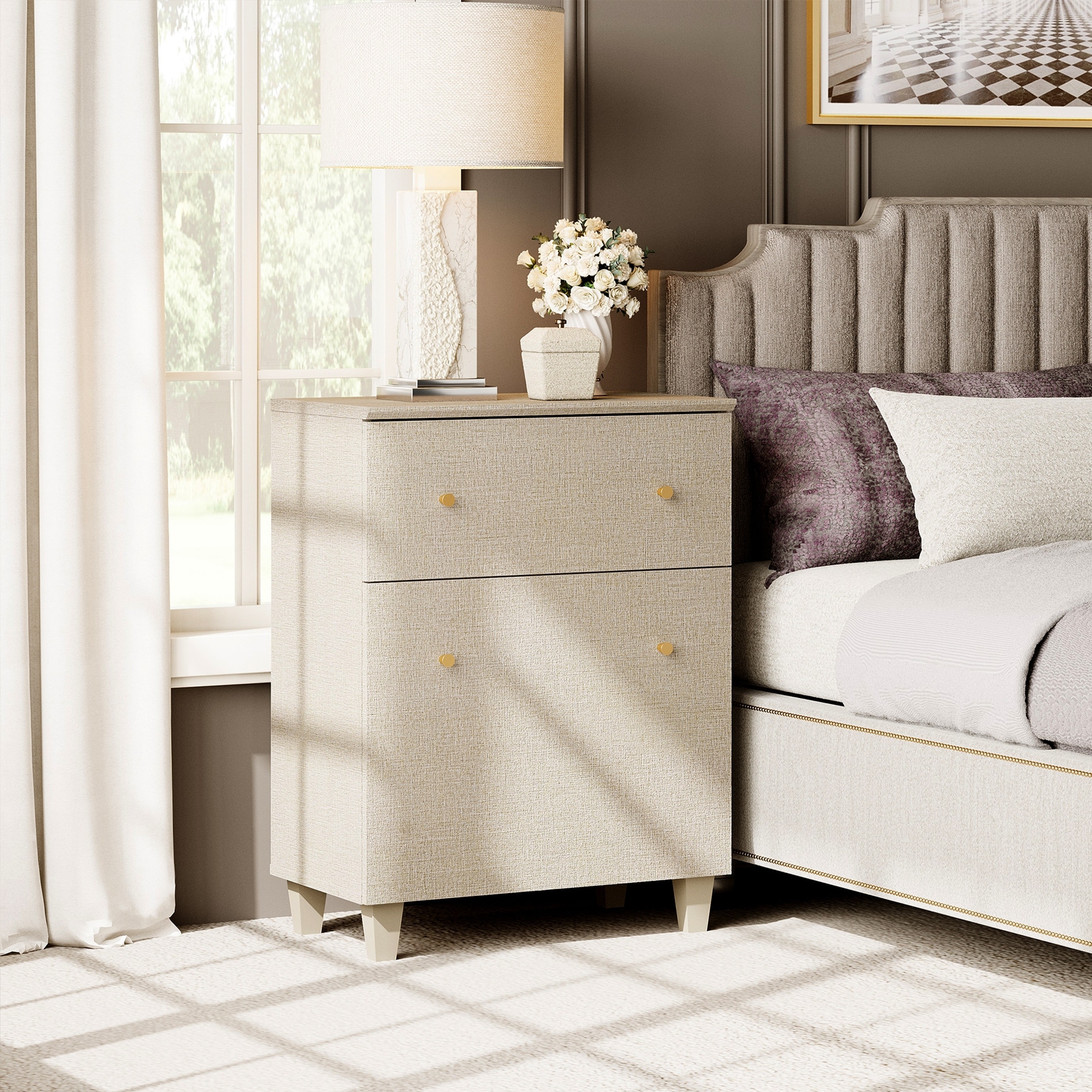 Large Nightstand with Drawer and Cabinet for Bedroom