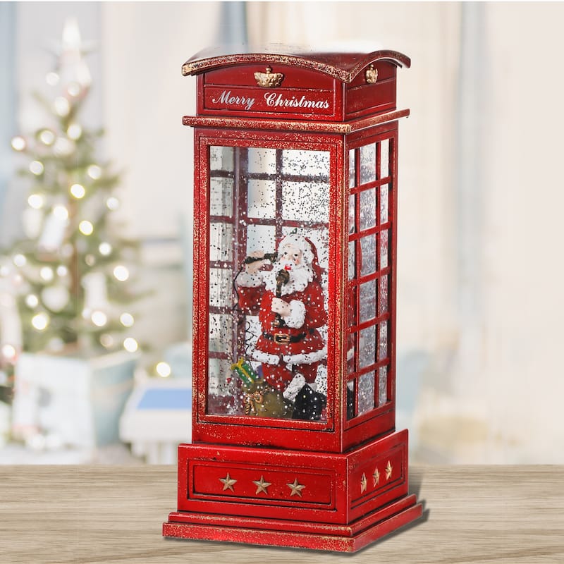 9.5"LED Battery Operated Timer Santa Phone Booth Water Globe - 9.5"