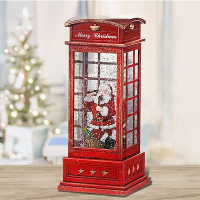 9.5"LED Battery Operated Timer Santa Phone Booth Water Globe - 9.5"