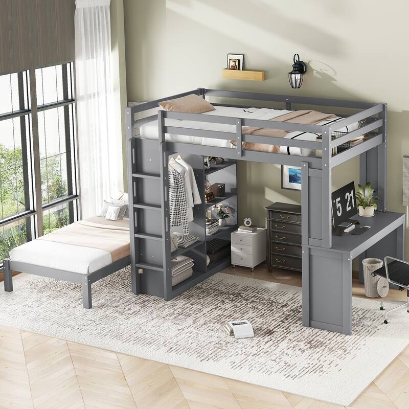 Full Over Twin Bunk Bed with Built-in Desk, Shelves and Wardrobe, Wood Bunk Bed Frame with Platform Bed and Loft Bed - Grey - Full