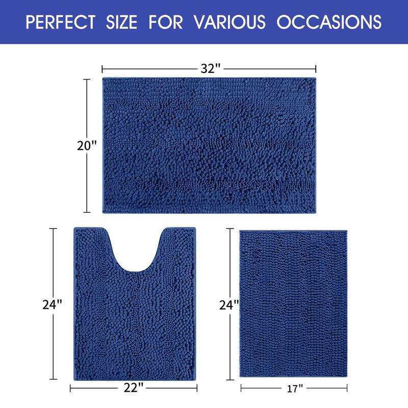 Ultra Soft Striped Non Slip Chenille Bathroom Rug Set 3 Pieces
