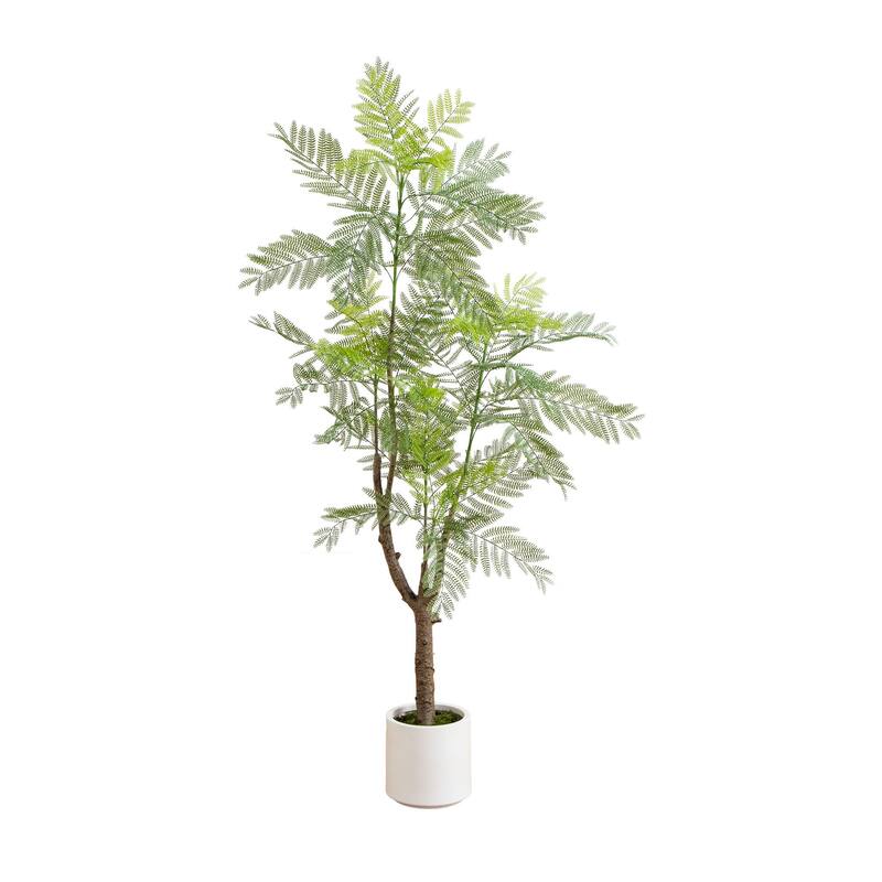 Jacaranda Leave Artificial Tree with White Planter - 6' - Green