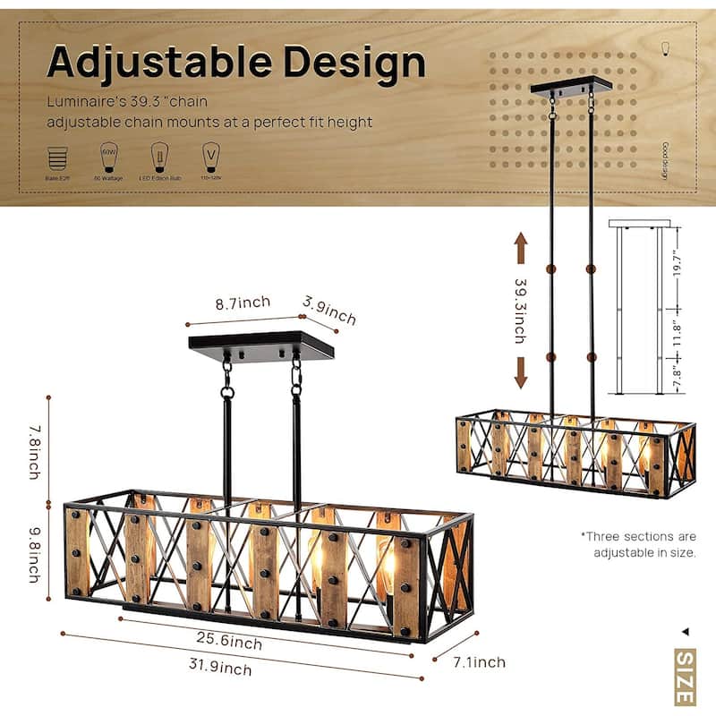 LEDONE Adjustable Height Farmhouse Ceiling Light, Wooden Industrial Pendant Light for Kitchen Island, Home - 51.2
