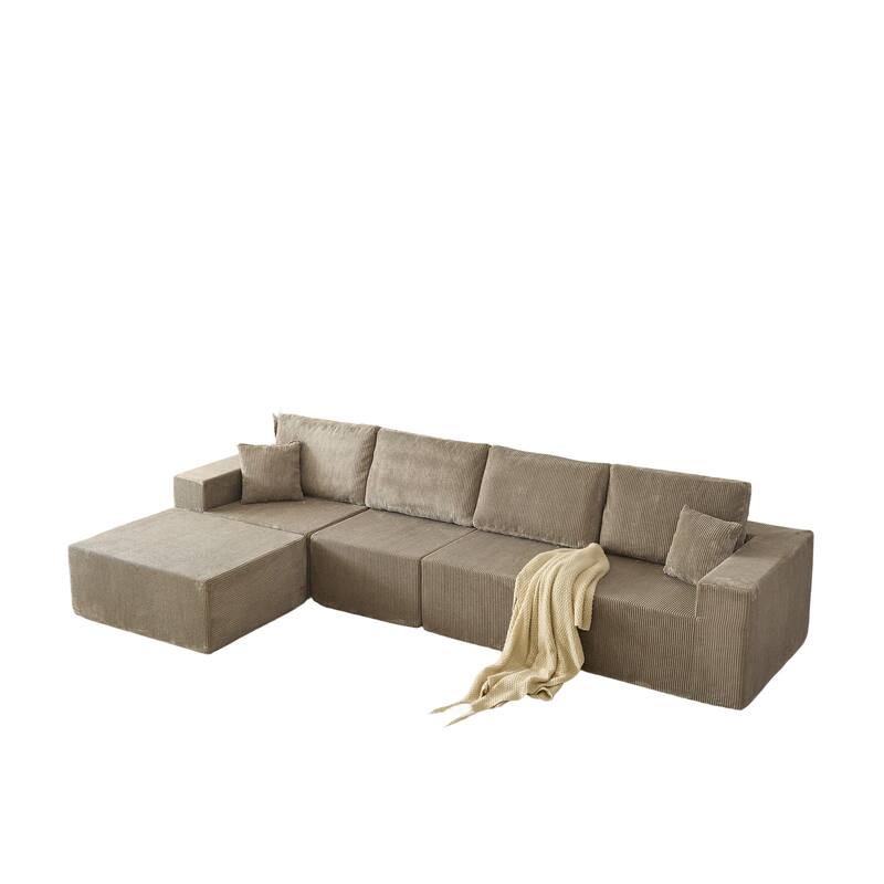 Modular L Shaped Sectional Sofa with Ottoman, Corduroy Boneless Cloud Sofa, 4 Seater Compressed Sofa with 2 Pillows
