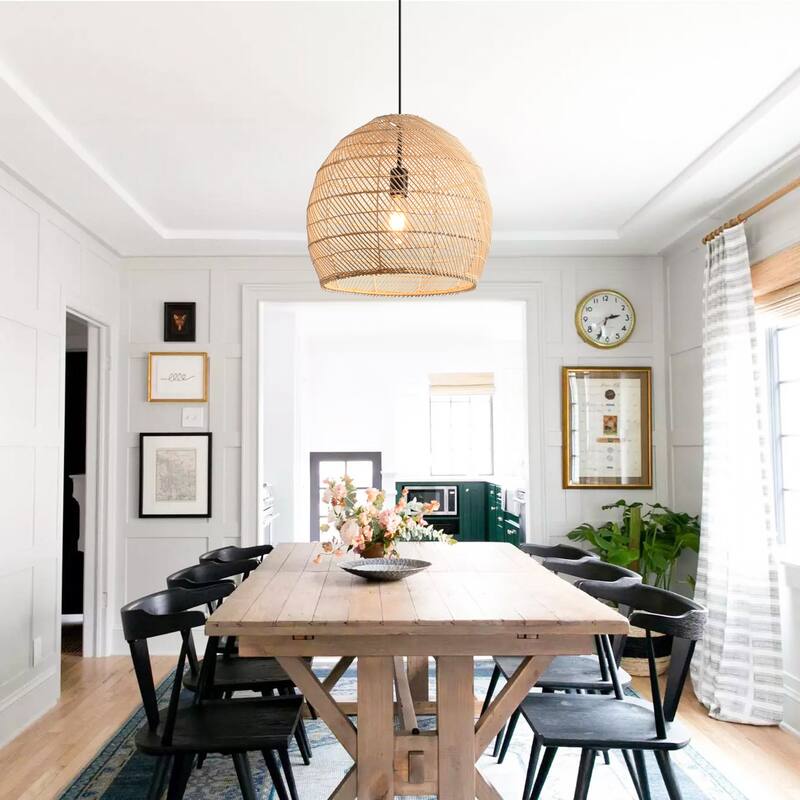 1-Light Coastal Style Brown Hand-Woven Rattan Cloche Hanging Pendant Light - 15.7" W x 62.9" H