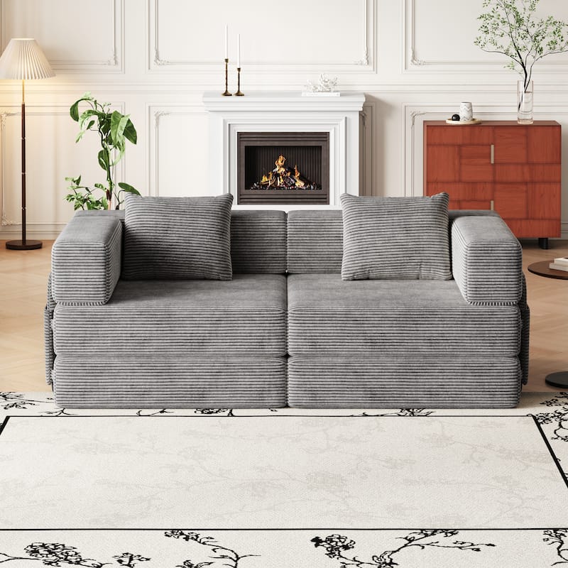Folding Loveseat Sofa Convertible Sleeper Sofa Bed, Floor Standing Couch Bed Corduroy Floor Mats with Side Pockets and Pillows - Grey